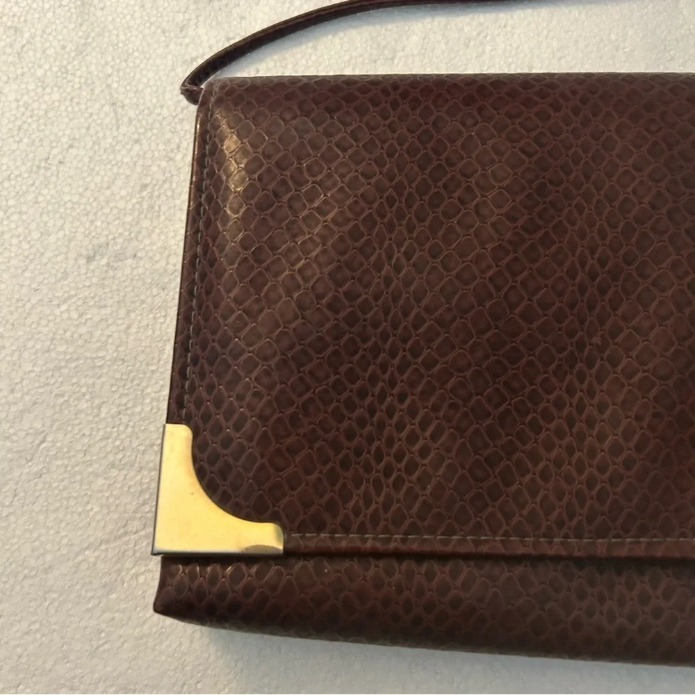 Vintage brown faux snake print rectangle shoulder bag gold hardware trim
